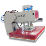 16x20 Automatic Double Bed Sublimation Heat Press, Dual Station Garment Press, gray and red metal, for heat transfer.