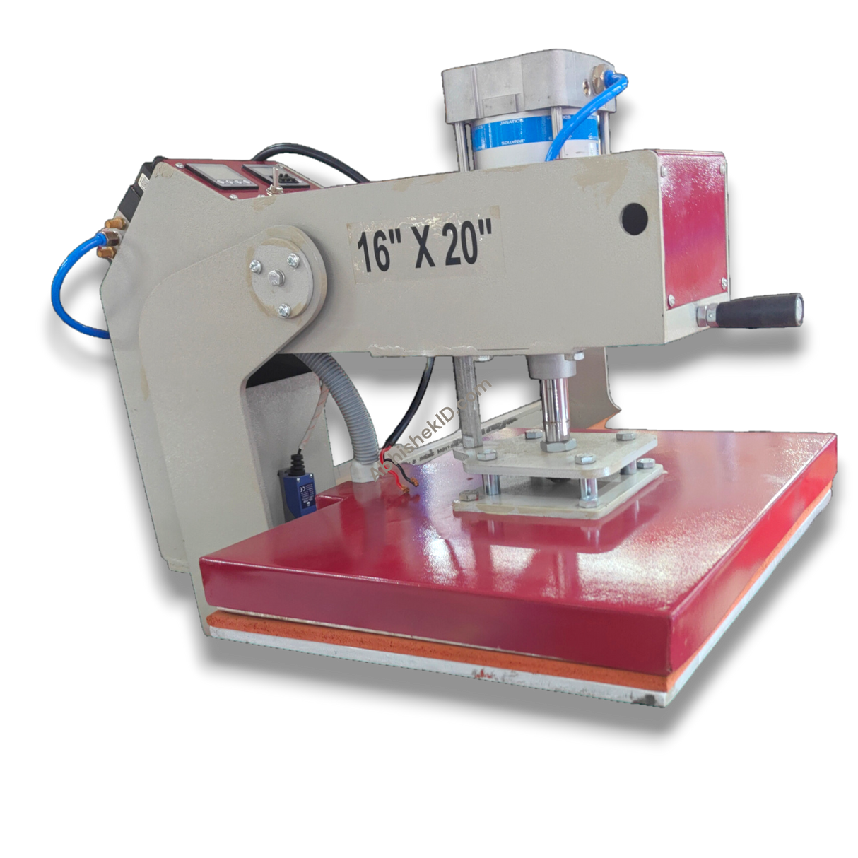 16x20 Automatic Double Bed Sublimation Heat Press, gray metal with red platen, for garment printing.