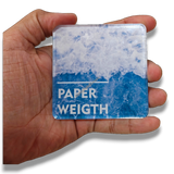 74mm square clear acrylic paperweight DIY blank for custom inserts, held in hand, for desk or gifts.