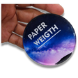 74mm Round Acrylic Paper Weight DIY Set, Clear 5mm Sparkle Gumming, held in hand, galaxy design.