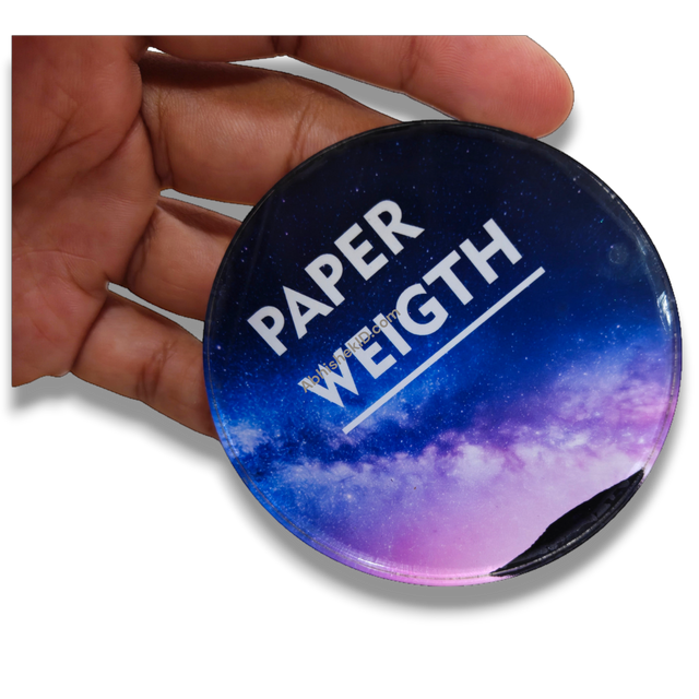 74mm Round Acrylic Paper Weight DIY Set, Clear 5mm Sparkle Gumming, held in hand, galaxy design.
