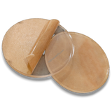 74mm Round Acrylic Paper Weight DIY Set, clear 5mm sparkle gumming, with protective backing partly peeled.