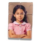 49mm acrylic puzzle DIY tiles, 2mm clear adhesive sparkle gumming square round-corner puzzle pieces, showing a girl's face.
