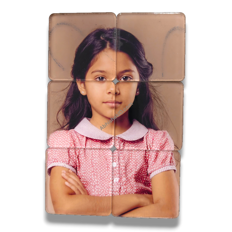 49mm acrylic puzzle DIY tiles, 2mm clear adhesive sparkle gumming square round-corner puzzle pieces, showing a girl's face.
