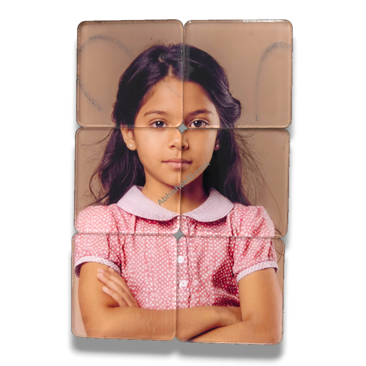 49mm acrylic puzzle DIY tiles, 2mm clear adhesive sparkle gumming square round-corner puzzle pieces, showing a girl's face.