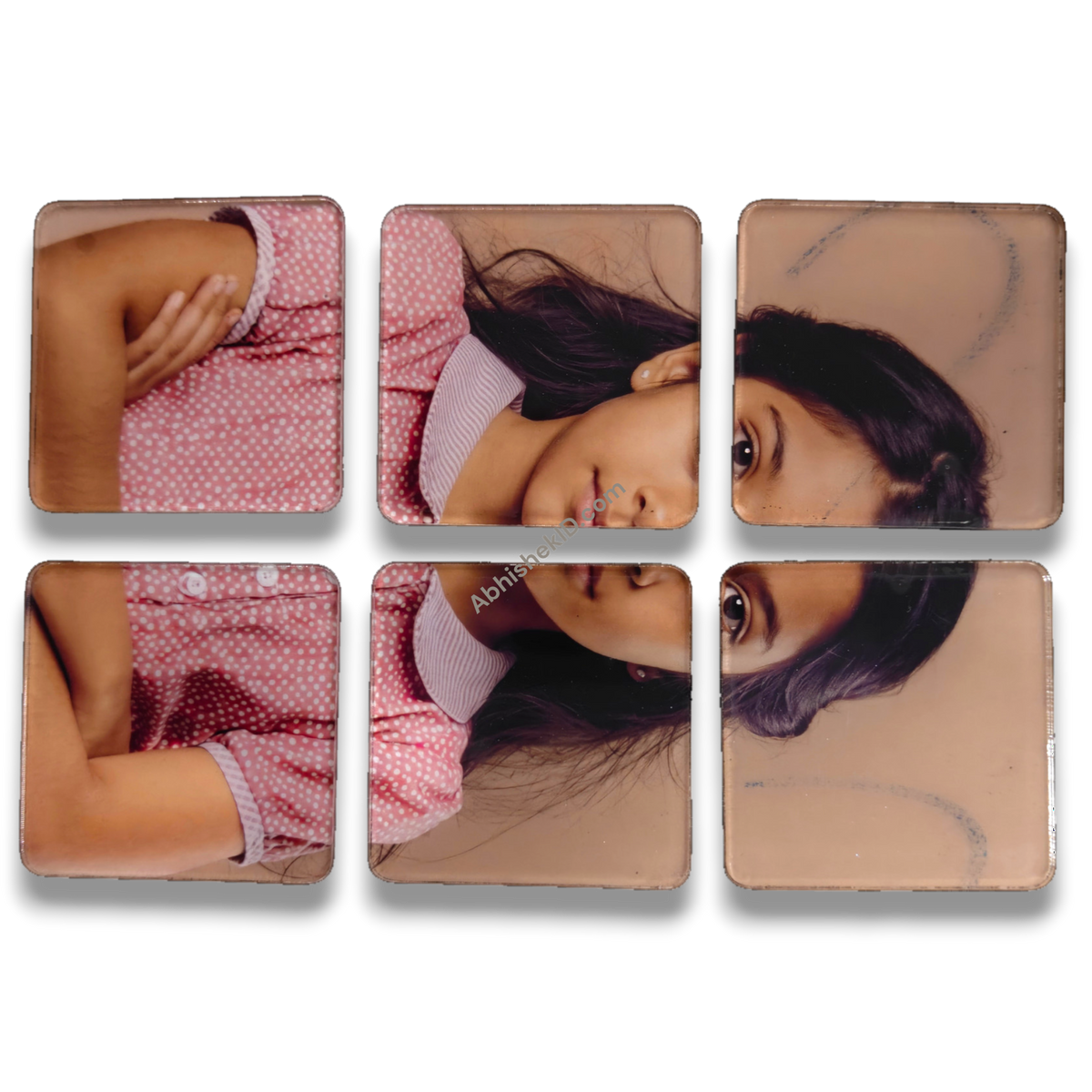 49mm acrylic puzzle DIY tiles, 2mm clear adhesive sparkle gumming square round-corner puzzle pieces forming a girl's face.