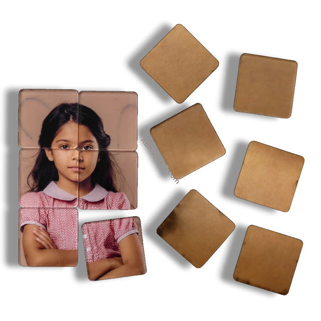 49mm acrylic puzzle DIY tiles, 2mm clear adhesive sparkle gumming square round-corner puzzle pieces forming a girl's face