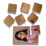 49mm clear acrylic puzzle DIY tiles, 2mm adhesive sparkle gumming square round-corner pieces, forming a child's face.