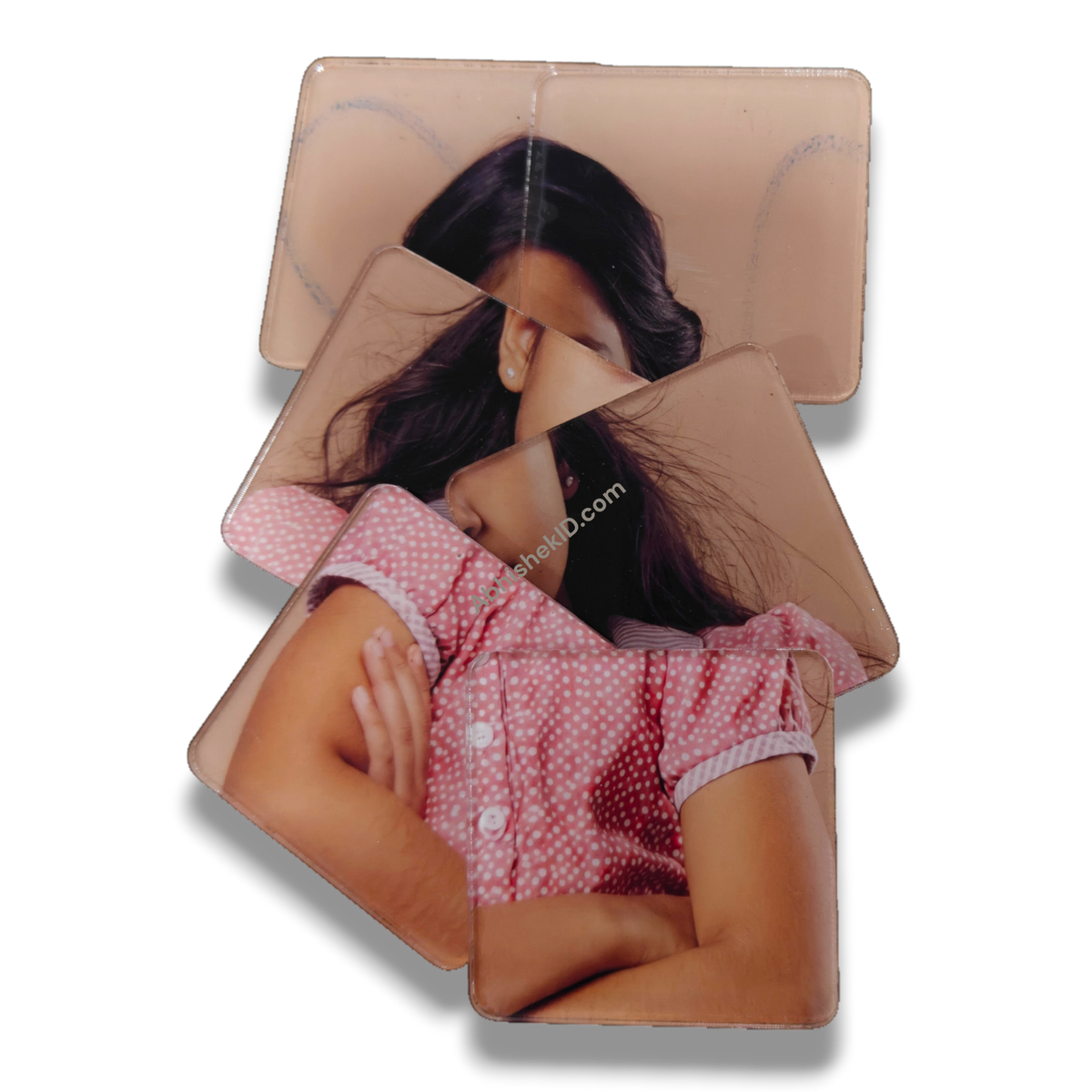 49mm clear acrylic puzzle DIY tiles with sparkle gumming assembled into a pink portrait picture puzzle