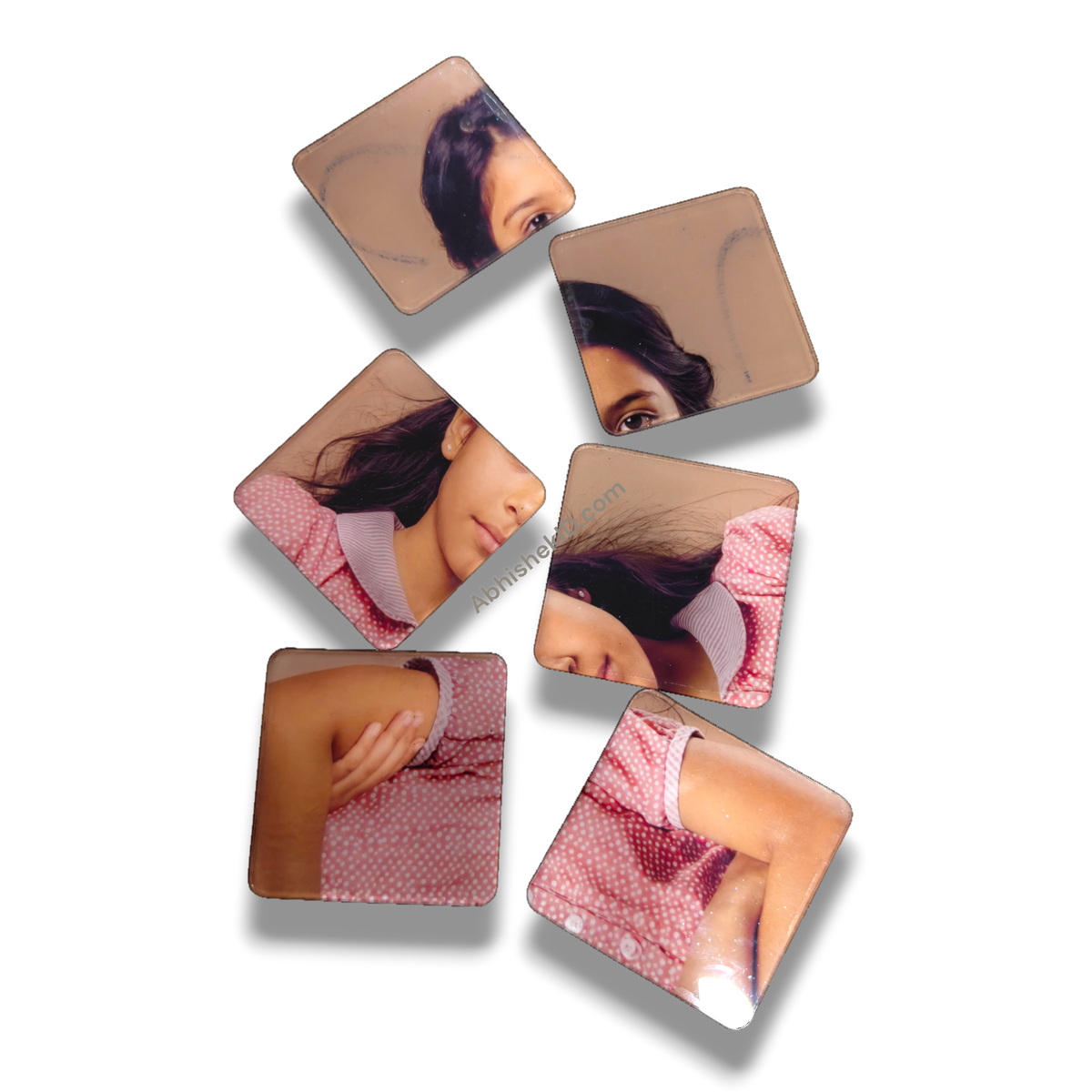 49mm acrylic puzzle DIY tiles in 2mm clear sparkle finish with a custom portrait on square round-corner pieces