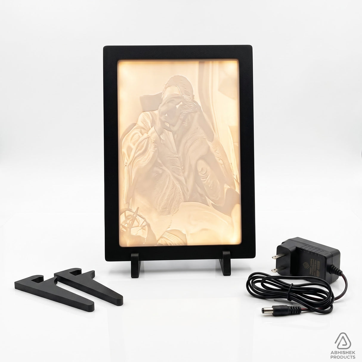 A4 LED Light Frame – Premium black MDF, tabletop display with illuminated custom relief art, includes wall hanging option.