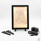 A4 LED Light Frame – Premium black MDF, tabletop display with illuminated custom relief art, includes wall hanging option.