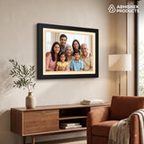 A4 LED Light Frame, black premium MDF, wall-mounted, displaying a family portrait.