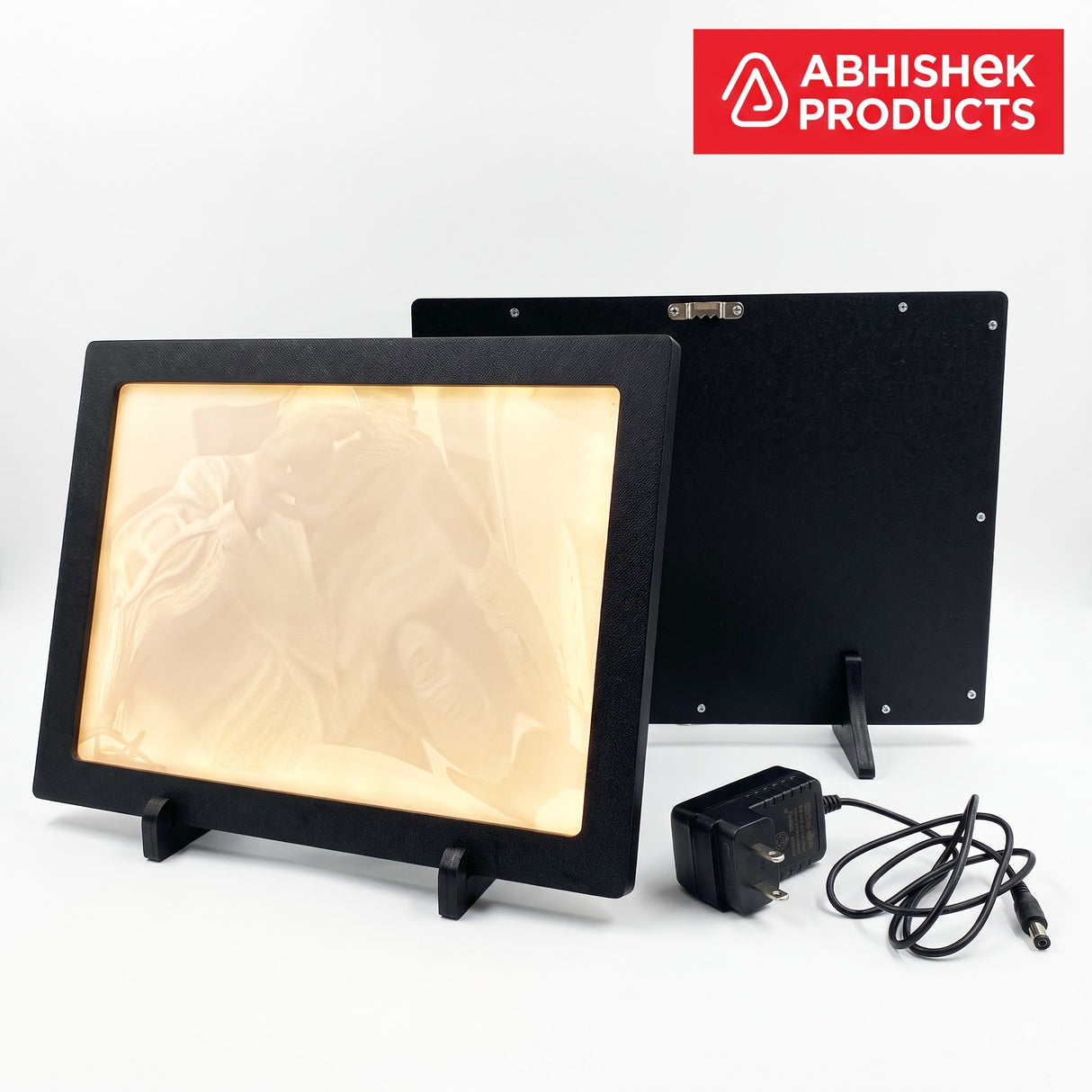 A4 LED Light Frame, black premium MDF, for tabletop or wall hanging, with power adapter.