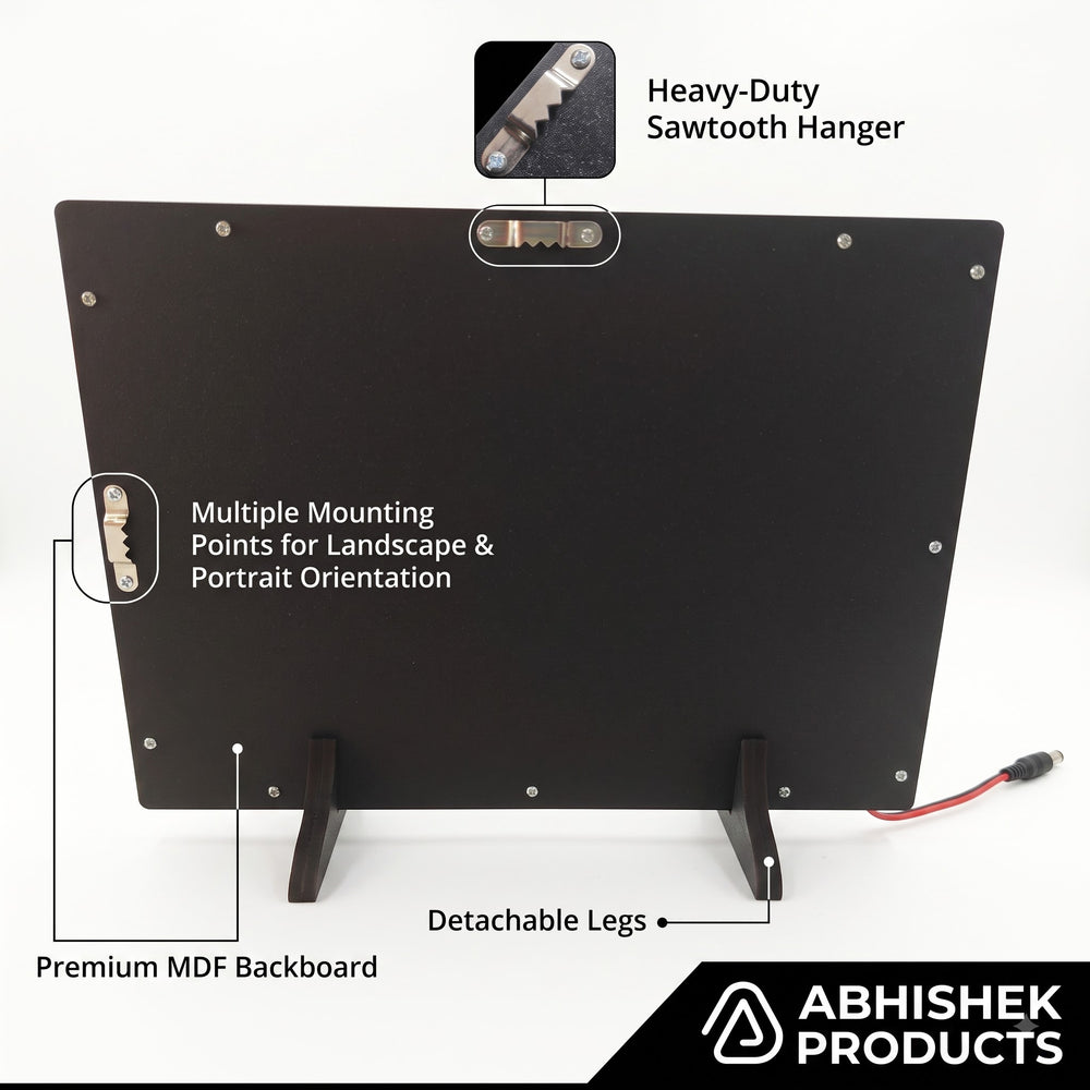 A4 LED Light Frame, premium black MDF, tabletop or wall hanging with detachable legs and sawtooth hanger.