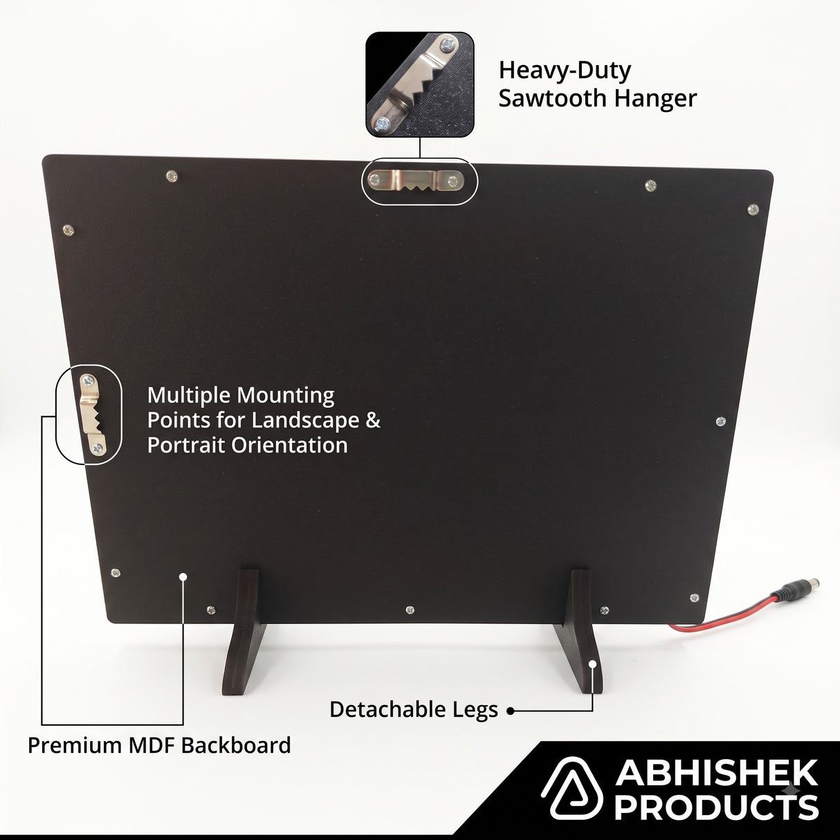 A4 LED Light Frame, premium black MDF, tabletop or wall hanging with detachable legs and sawtooth hanger.