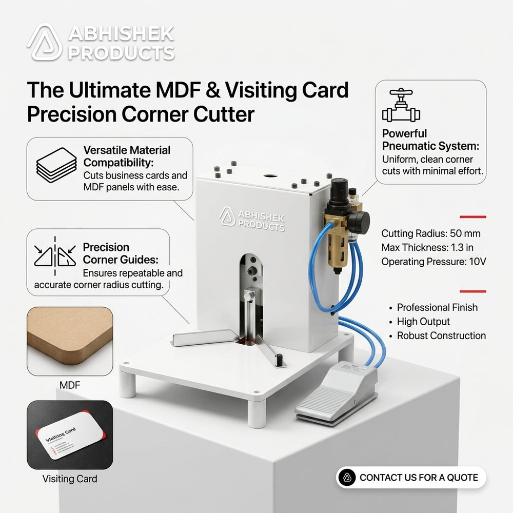 White Heavy Duty Pneumatic MDF & Visiting Card Corner Cutter Machine for rounding edges on MDF and paper business cards.