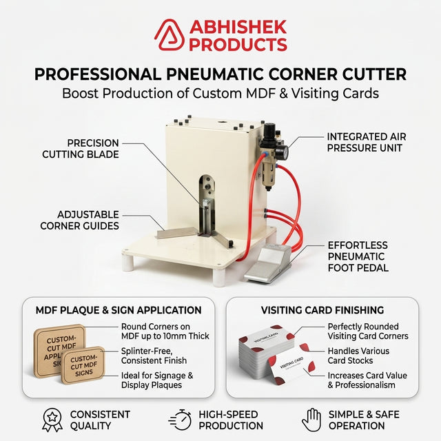 Cream metal Heavy Duty Pneumatic MDF & Visiting Card Corner Cutter Machine with red tubes to round business card corners.