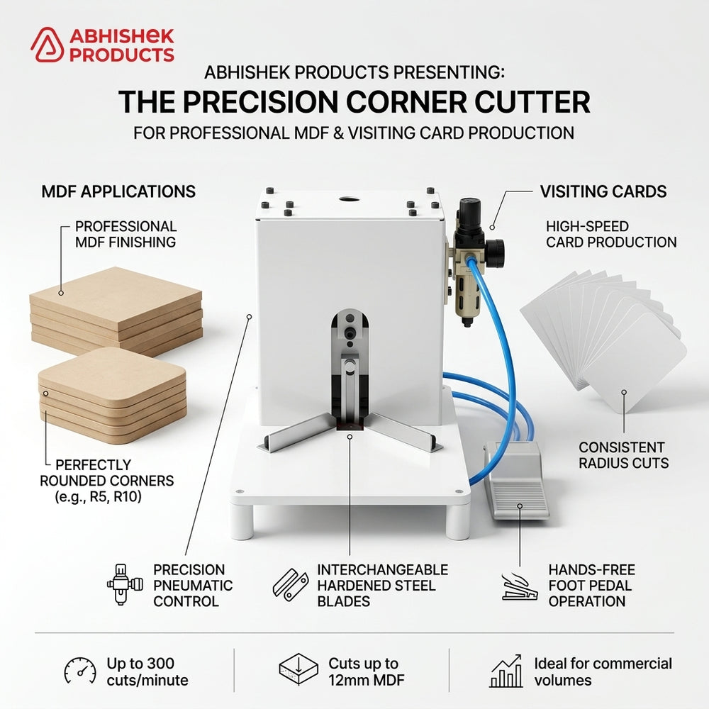 White Heavy Duty Pneumatic MDF & Visiting Card Corner Cutter Machine rounding edges of brown wood and white paper.
