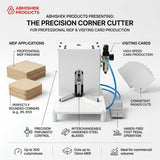 White Heavy Duty Pneumatic MDF & Visiting Card Corner Cutter Machine rounding edges of brown wood and white paper.