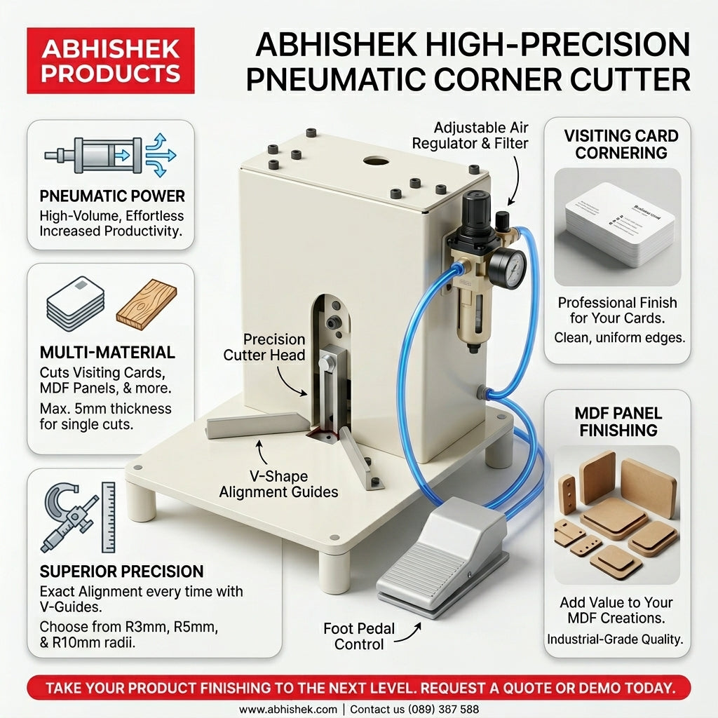 Beige metal Heavy Duty Pneumatic MDF & Visiting Card Corner Cutter Machine, used to round card and wood corners.