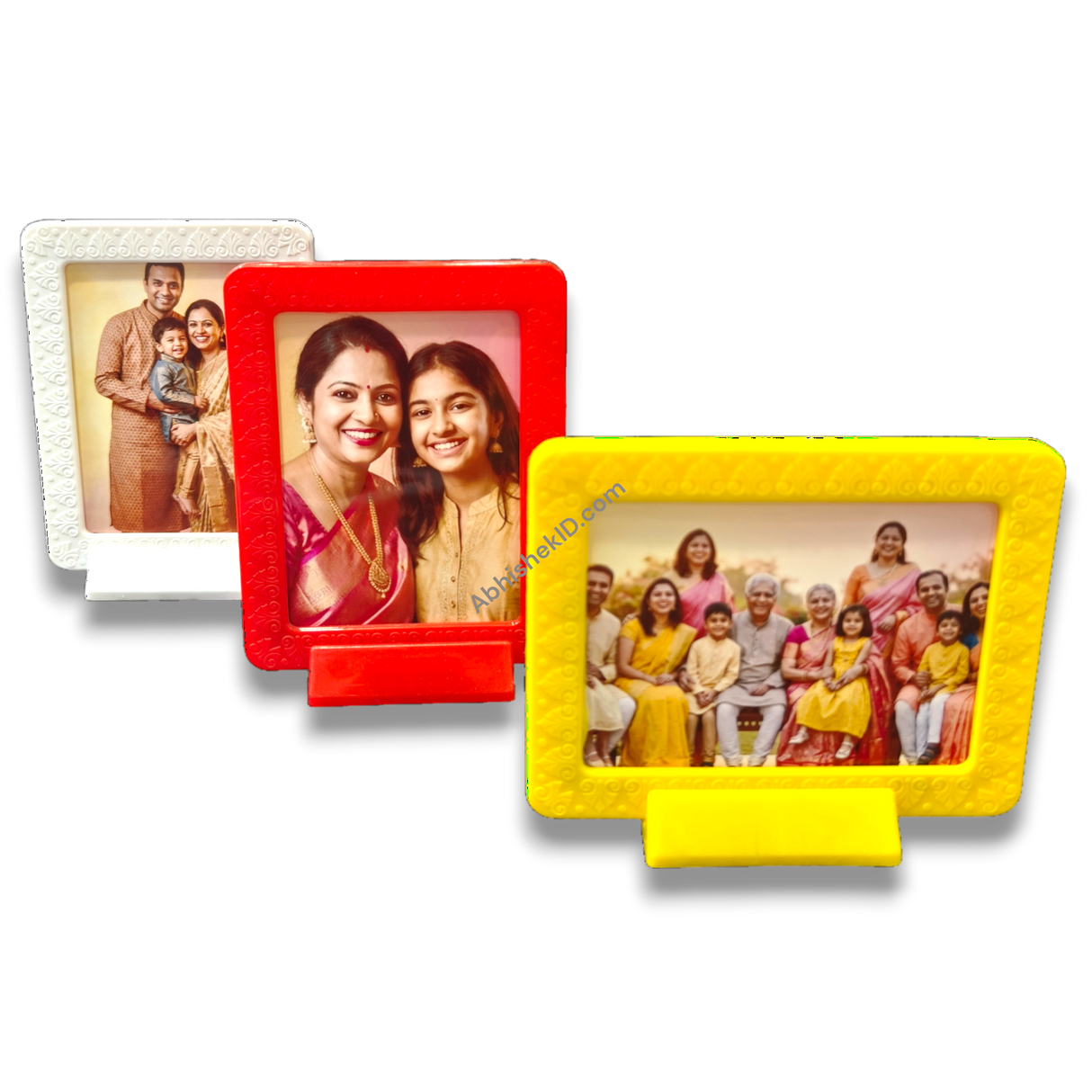 Colorful magnetic tabletop frames 3x4 inch. White, red, yellow frames displaying family portraits. Home decor.