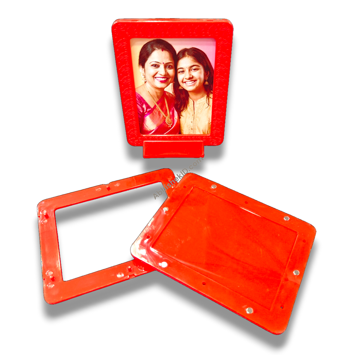 Red magnetic tabletop frame, 3x4 inch. Picture display for desk, shelf, or table. Home decor.