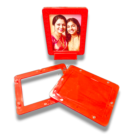 Red magnetic tabletop frame, 3x4 inch. Picture display for desk, shelf, or table. Home decor.
