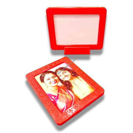Red magnetic tabletop frame, 3x4 inch. Picture display for desk, shelf, or table. Home decor.