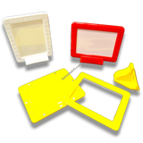 Colorful magnetic tabletop frames 3x4 inch. White, red, yellow frames displaying family portraits. Home decor.