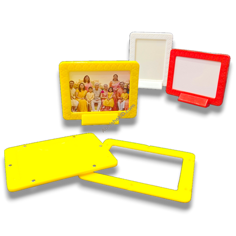 Yellow magnetic tabletop frame, 3x4 inch. Ideal for displaying memories on desks, shelves, or tables.