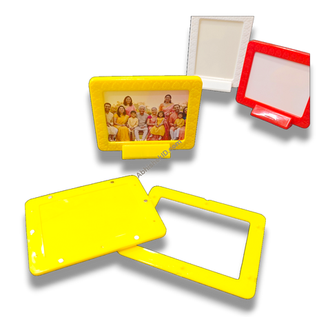 Yellow magnetic tabletop frame, 3x4 inch. Ideal for displaying memories on desks, shelves, or tables.