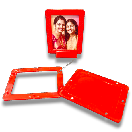 Red magnetic tabletop frame, 3x4 inch. Picture display for desk, shelf, or table. Home decor.