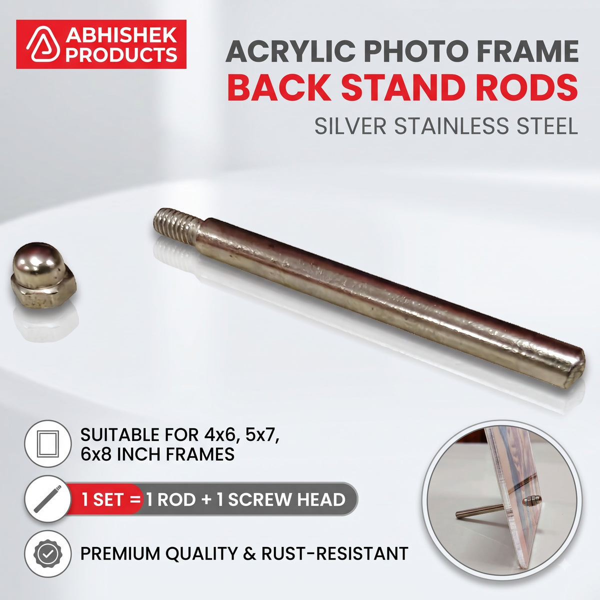 Acrylic frame back stand rod hardware, silver stainless steel screw set for 4x6, 5x7, 6x8 tabletop stands