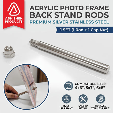 Acrylic frame back stand rod hardware, silver stainless steel screw set for 4x6, 5x7, 6x8 tabletop stands.
