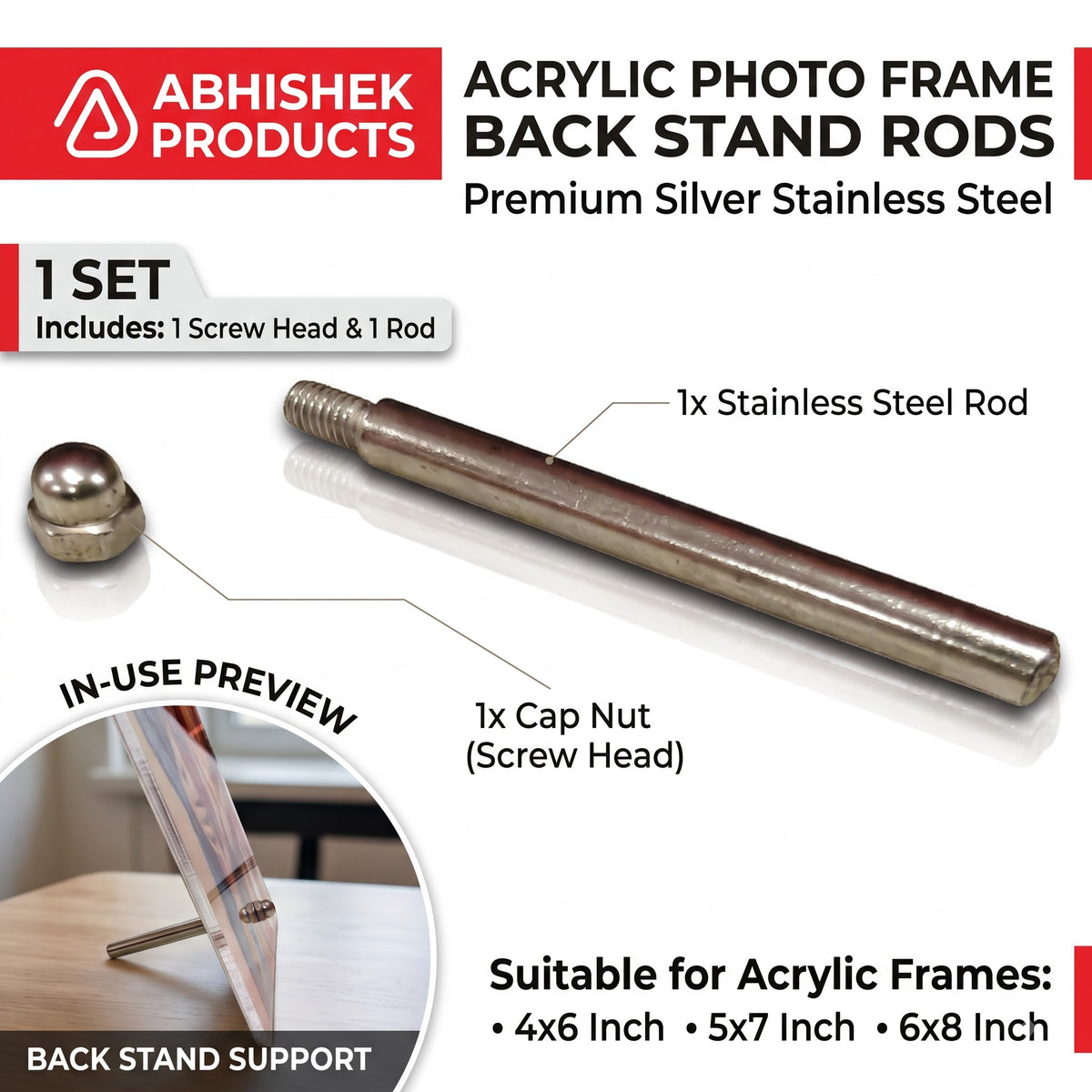 Acrylic frame back stand rod hardware, silver stainless steel screw set, for 4x6, 5x7, 6x8 tabletop stands.