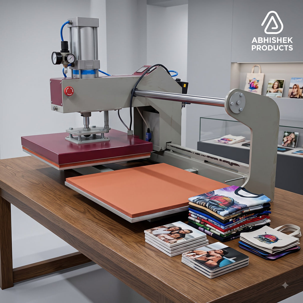 16x20 Automatic Double Bed Sublimation Heat Press, gray metal, red platen, for garment and coaster printing