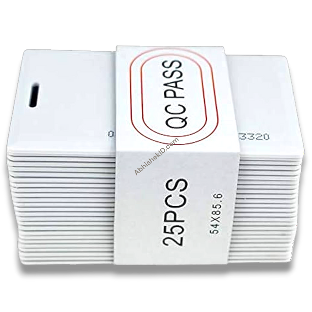 White plastic RFID Thick Cards 125kHz for Attendance and Access Control, stack of 25 cards with slot punch.