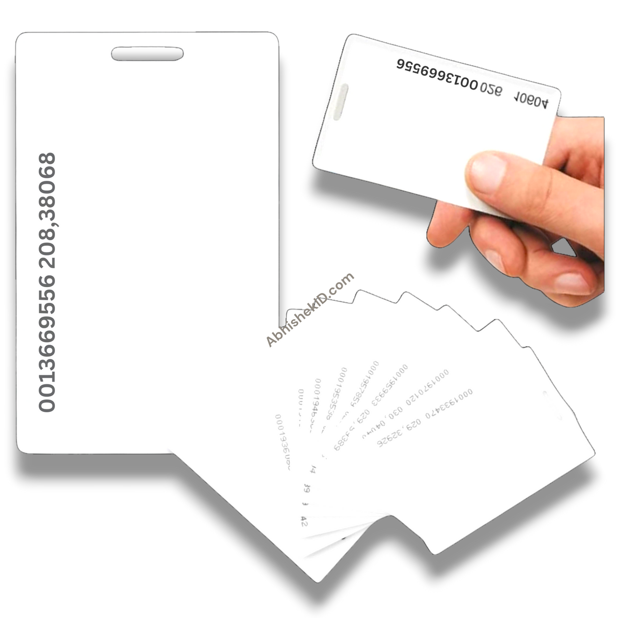 White plastic RFID Thick Cards 125kHz for Attendance and Access Control held in hand for scanning.