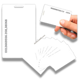 White plastic RFID Thick Cards 125kHz for Attendance and Access Control held in hand for scanning.