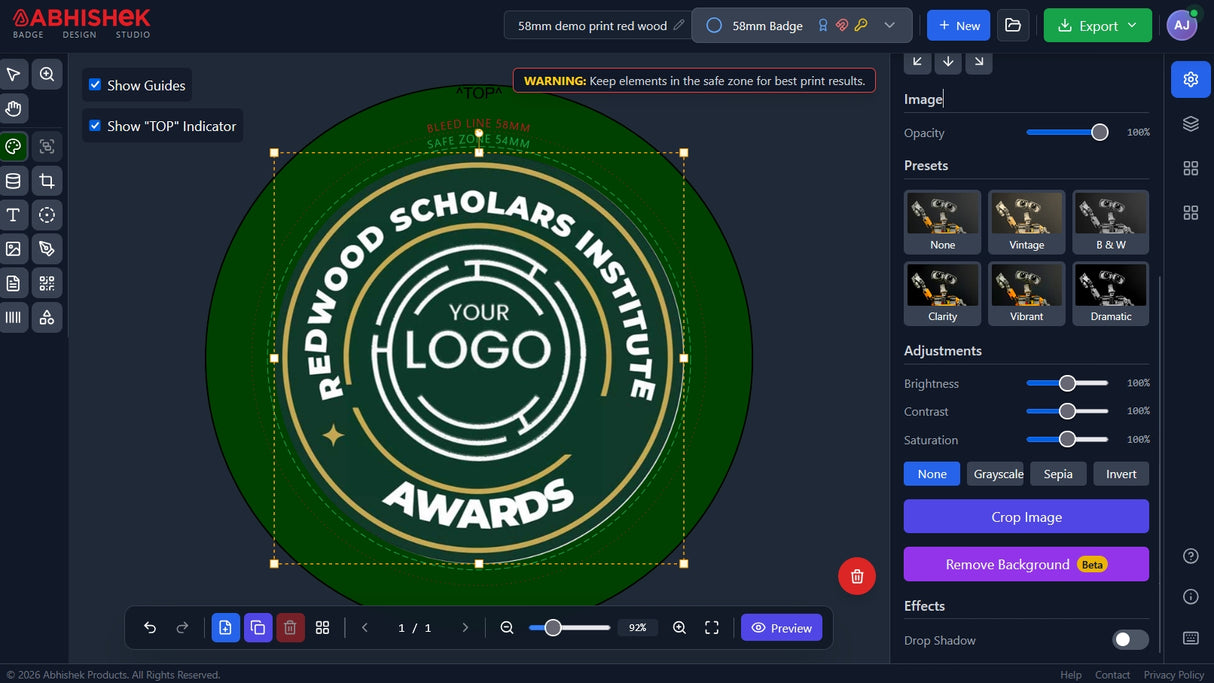 Abhishek Design Studio – Online Button Badge Design Tool (PNG/PDF Export)
