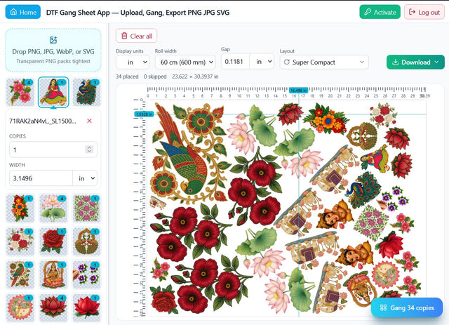 DTF Gang Sheet Software - Unlimited Nest, white digital interface, colorful designs, for print shops.