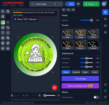 Online Button Badge Design Tool for custom artwork creation for promotional merchandise.