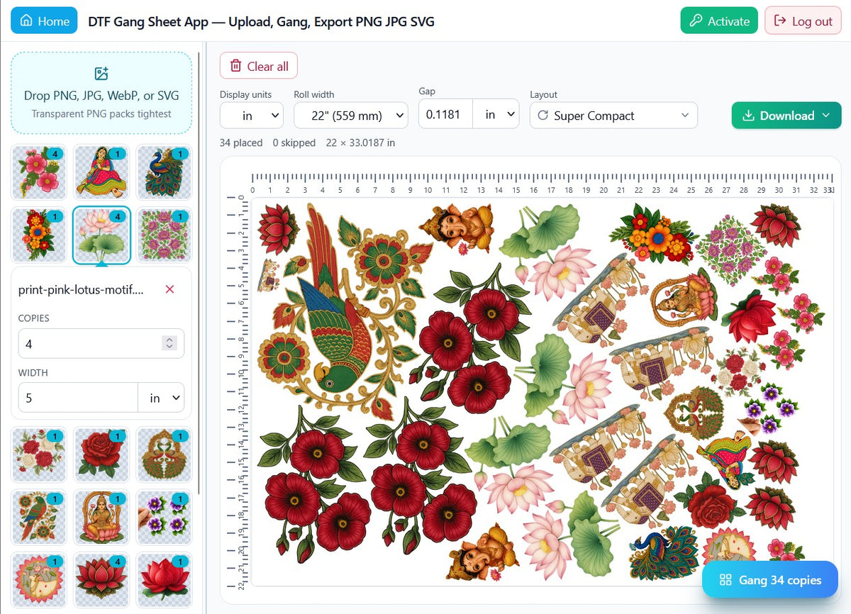 DTF Gang Sheet Software - Unlimited Nest for Print Shops, white digital interface with colorful floral and animal designs fo…