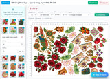 DTF Gang Sheet Software - Unlimited Nest for Print Shops, white digital interface with colorful floral and animal designs fo…