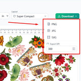 DTF Gang Sheet Software - Unlimited Nest for Print Shops, white screen, exporting designs as PNG, JPG, SVG