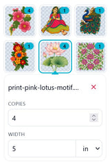DTF Gang Sheet Software - Unlimited Nest for Print Shops, white interface, selecting pink lotus motif for print job
