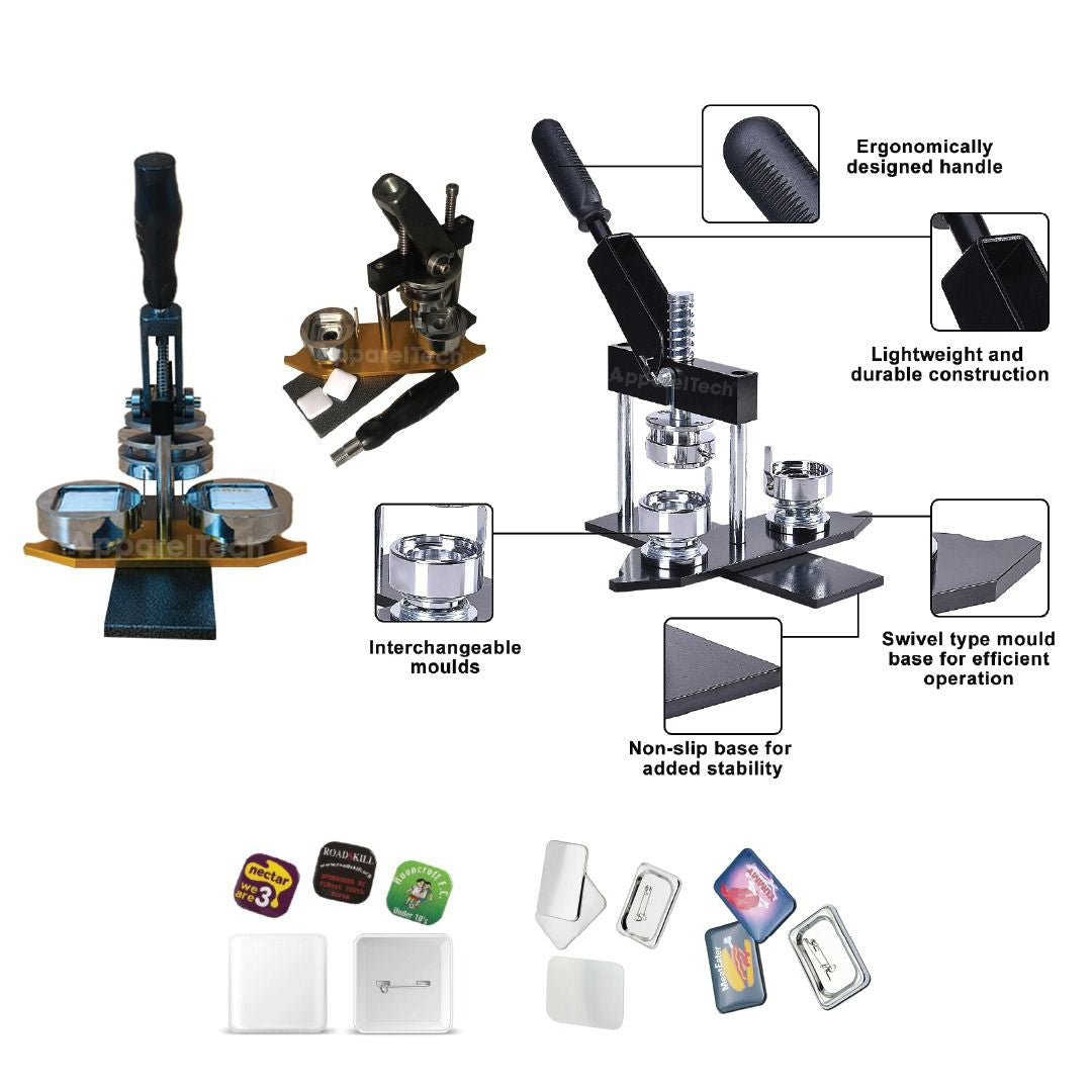 Square Button Badge Setup | Square Button Badge Machine + Die Cutter | Heavy Duty 50x50 mm Pin Back Machine -1 Pressing Machine With Square Badge Mould
