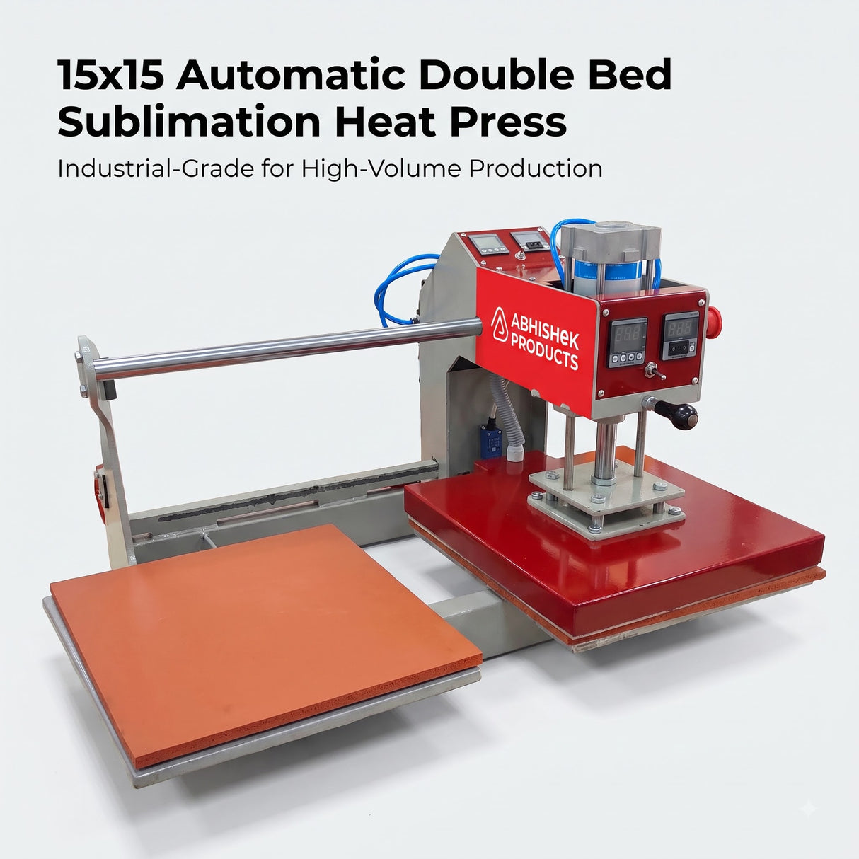 15x15 Automatic Double Bed Sublimation Heat Press, red and gray metal, dual station garment press for high-volume production