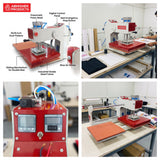 15x15 Automatic Double Bed Sublimation Heat Press, red and white steel, pressing a colorful garment.
